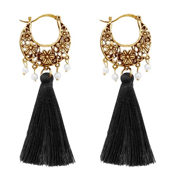 Jeweljunk Gold Plated Black Thread Tassel Earrings - 1310951A
