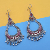 Jeweljunk Maroon Silver Plated Meenakari Afghani Earrings - 1312432B
