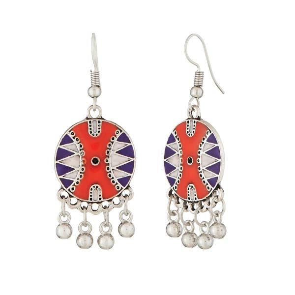 Jeweljunk Rhodium Plated Orange Meenakari Afghani Earrings - 1312505D