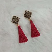 Jeweljunk Maroon Thread Antique Gold Plated Tassel Earrings - 1313416E
