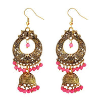 Tip Top Fashions Antique Gold Plated Pink Beads Jhumki Earrings - 1313507E