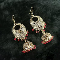 Jeweljunk Antique Gold Plated Maroon Beads Jhumki Earrings - 1313508F