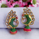 Woma Matte Green Meenakari Peacock Kundan Jhumki Earrings