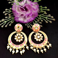 PARSHWAM Peach Glossy Meenakari Pearl Drop Jhumki