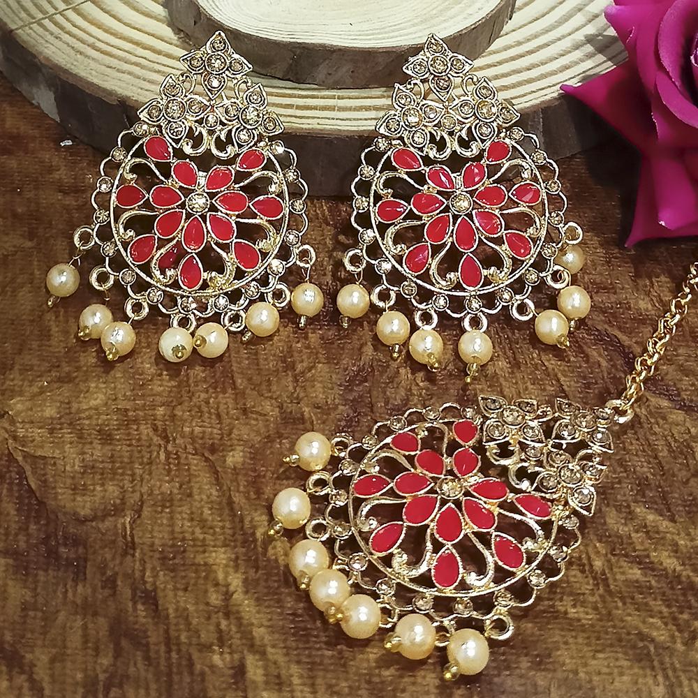 Adi Gold Plated Pink Kundan And Stone Earrings With Maang Tikka  - 1319204D