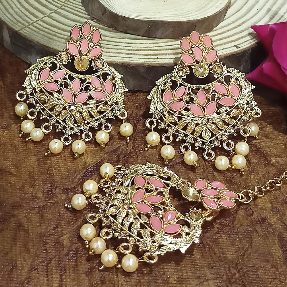 Adi Gold Plated Peach Kundan And Stone Earrings With Maang Tikka  - 1319206F