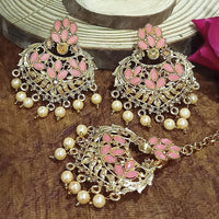Adi Gold Plated Peach Kundan And Stone Earrings With Maang Tikka  - 1319206F