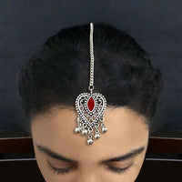 Jeweljunk Red Oxidised Silver Plated Heart Shape Maang Tikka - 1505610B