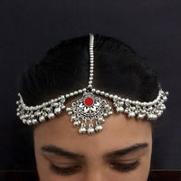 Jeweljunk Red Oxidised Silver Plated Maang Tikka - 1505632A