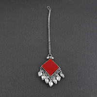 Jeweljunk Red Oxidised Silver Plated Maang Tikka  -  1505653E