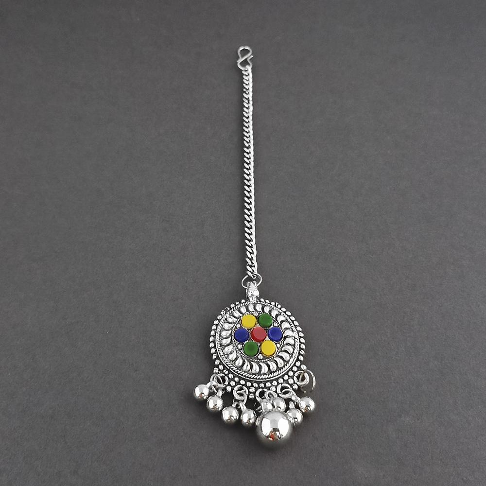 Jeweljunk Multi Coloe Oxidised Silver Plated Maang Tikka  -  1505677