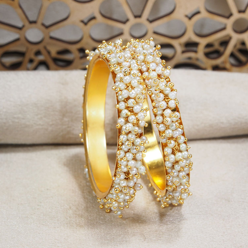 Etnico Gold Plated Traditional Pearl Beaded Bangle Set For Women (ADB314W-a) (Pack of 2)
