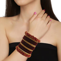 Etnico Gold Plated Traditional Velvet Chuda Bangle Set With Pearl Kada for Women (ADB315M-a) (Pack of 1) (Maroon)
