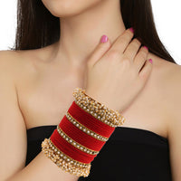 Etnico Gold Plated Traditional Velvet Chuda Bangle Set With Pearl Kada for Women & Girls (ADB316R-a) (Pack of 1) (Red)