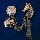 Mahi Antique Gold Plated Baby Elaphant and Horse Face Shaped Floral Brooch Pin with Chain for Men (BP1101100G)