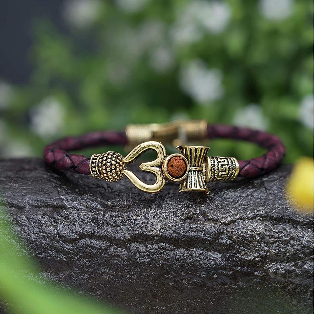Mahi Rudraksh Trishul Damroo Leather Kadas Bracelet Cuff for Men (BR1100427G)