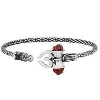 Mahi Rudraksha Trishul Damroo Designer Oxidized Silver Unisex Cuff Kada Bracelet for Men (BR1100437R)