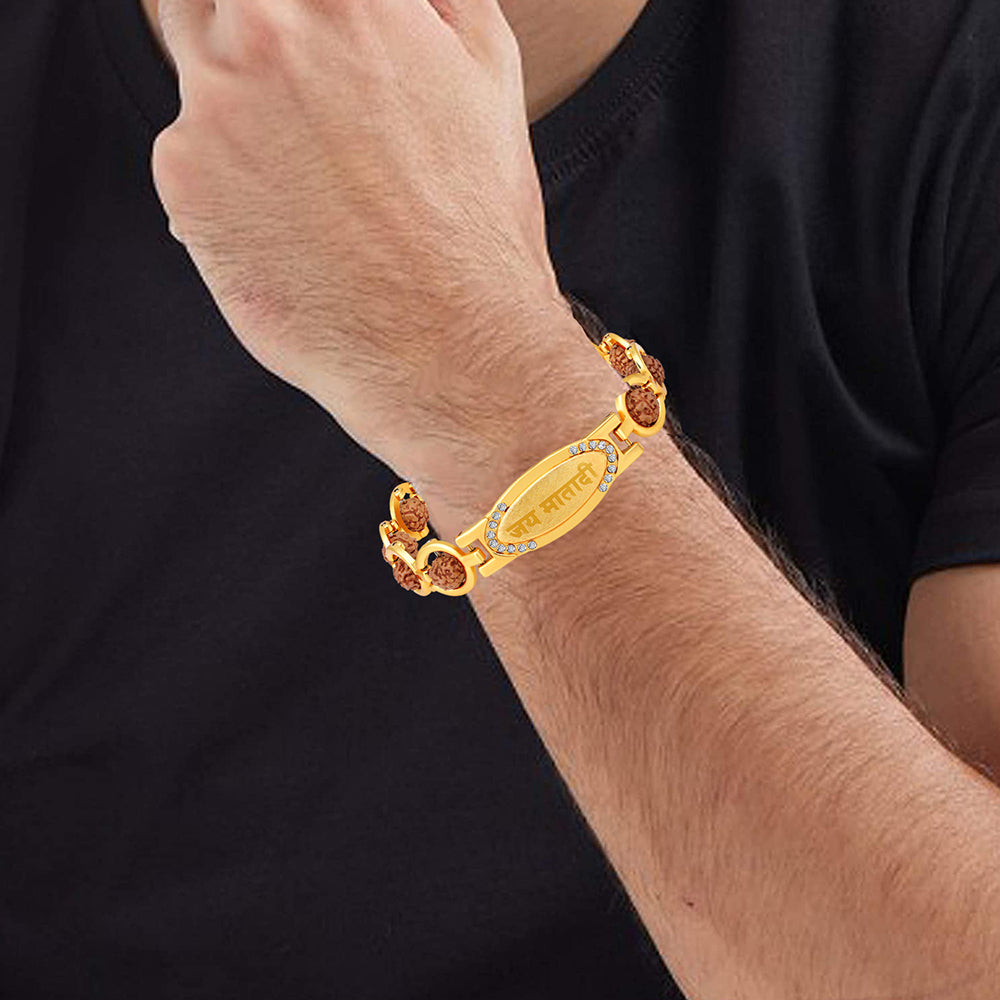 Mahi Gold and Rhodium Plated Religious Jai Mata Di Rudraksha Bracelet for Men (BR1101023G)