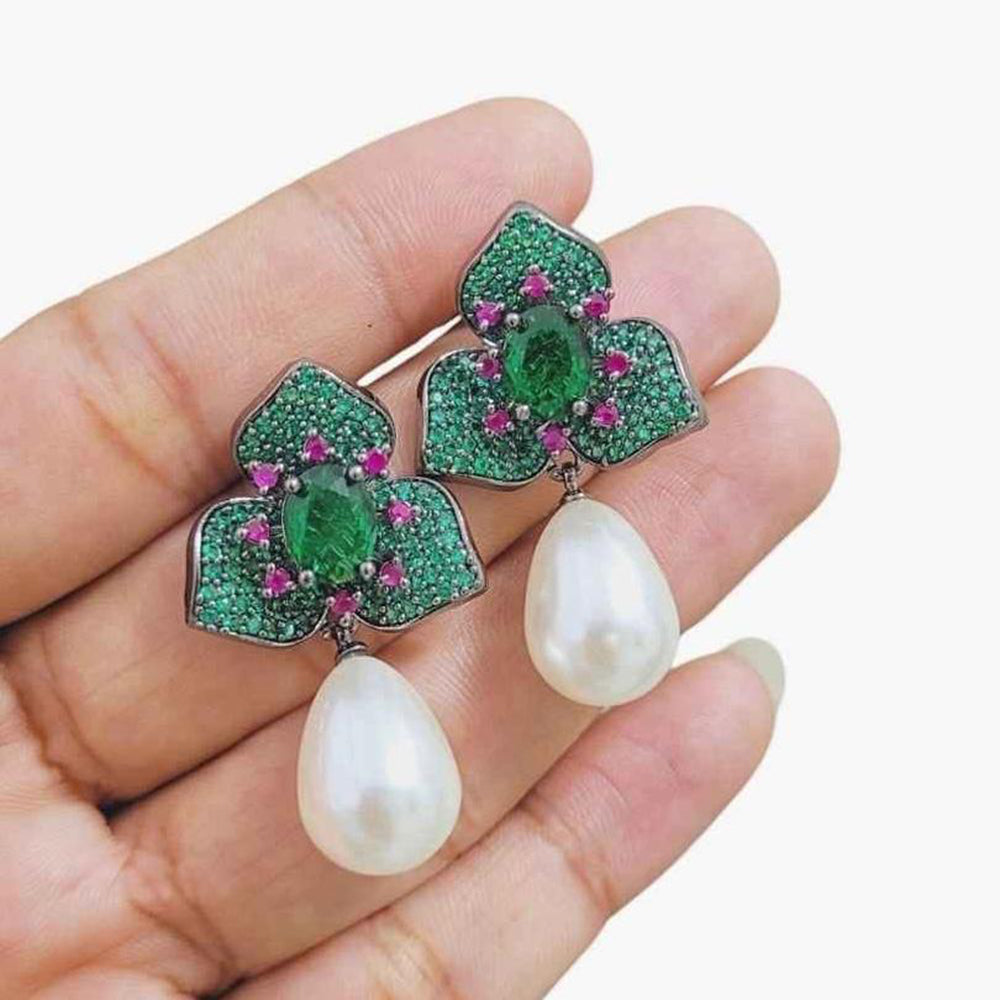 JewelTreeTz Gold Plated Beautiful Micro Pave Petal with Pearl Drops Earrings (Piece 1 Only)