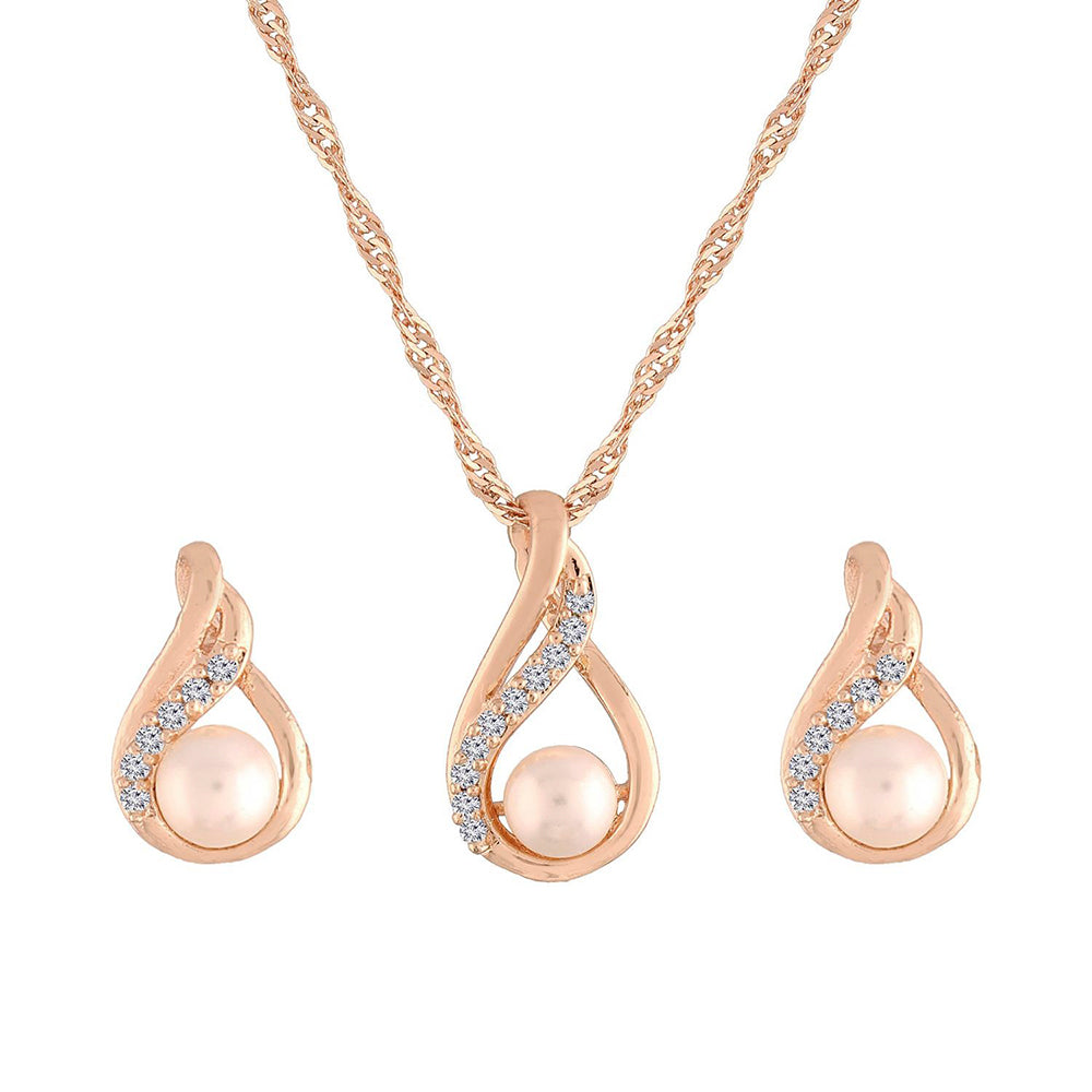 Etnico 18k Glittering Cubic Zirconia Designer Chain Pendent Necklace Jewellery Set with Pearl Drop Earring for Women & Girls (CH41RG)