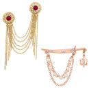Mahi Combo of Layered Chains and Sword Shape Wedding Brooch with Maroon, White Crystals, Artificial Pearls for Men (CO1105462M)