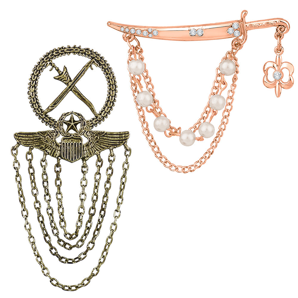 Mahi Combo of Royal Army and Sword Shaped Layered Chains Wedding Brooch with White Crystals, Artificial Pearls for Men (CO1105517M)