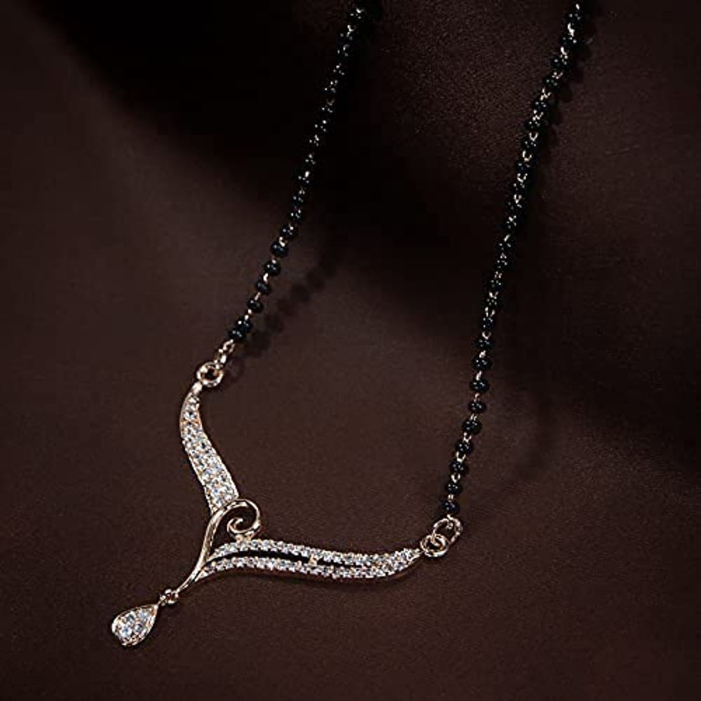 Etnico 18k Rose Gold Plated Traditional Single Line American Diamond Pendant with Black Bead Chain Mangalsutra for Women (D071)