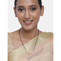 Etnico 18k Rose Gold Plated Traditional Single Line American Diamond Pendant with Black Bead Chain Mangalsutra for Women (D071)
