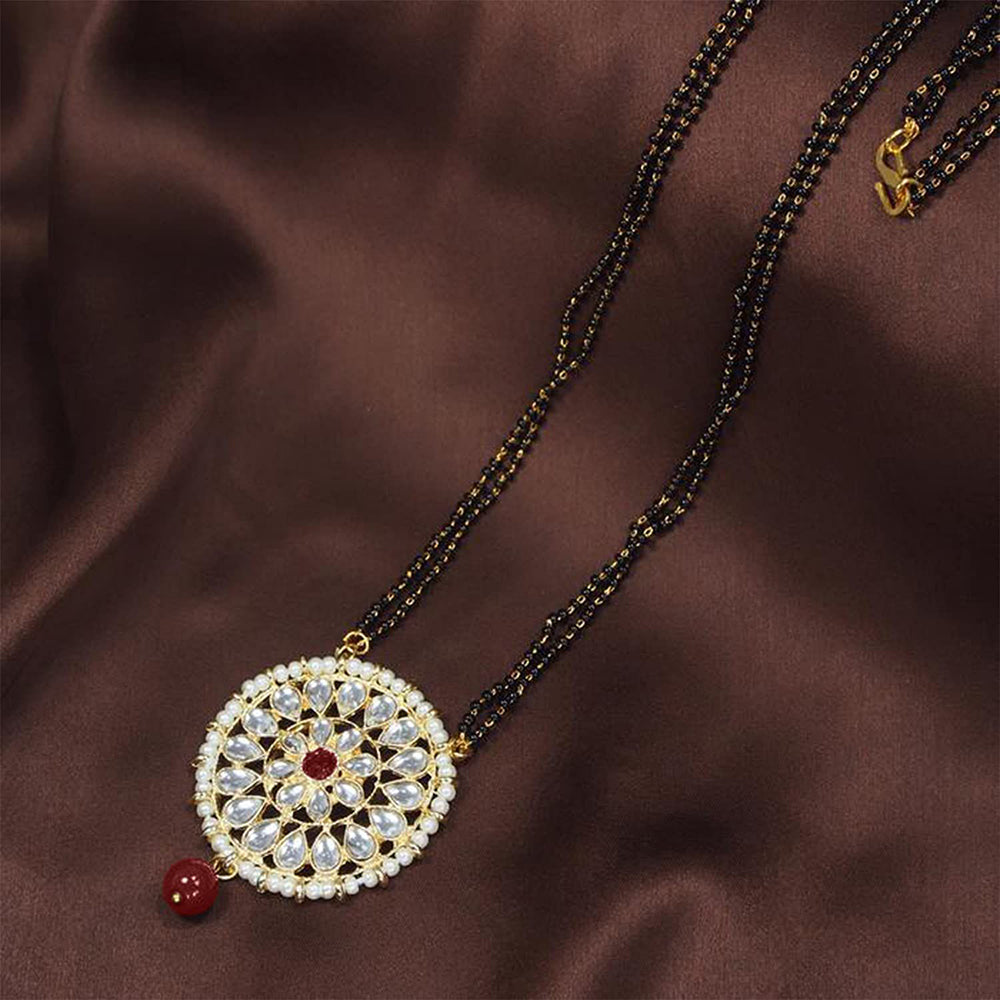 Etnico 18k Gold Plated Traditional Pearl Kundan Studded Pendant with Black Bead Chain Mangalsutra for Women (D085G)