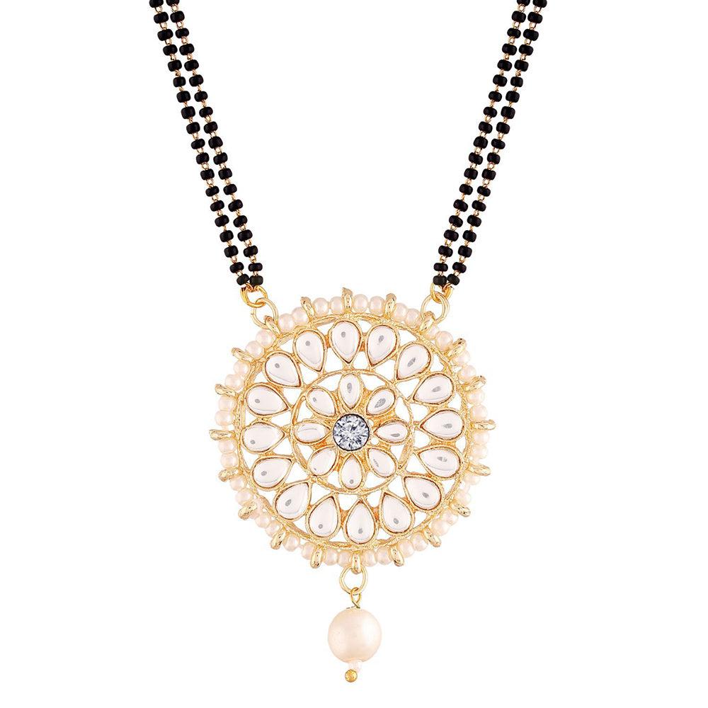 Etnico 18k Gold Plated Traditional Pearl Kundan Studded Pendant with Black Bead Chain Mangalsutra for Women (D085W)