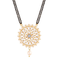 Etnico 18k Gold Plated Traditional Pearl Kundan Studded Pendant with Black Bead Chain Mangalsutra for Women (D085W)