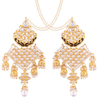 Etnico 18K Gold Plated Intricately Designed Traditional Earrings with Hair Chain Encased With Kundans & Pearls (E2463B)