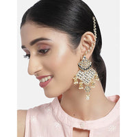 Etnico 18K Gold Plated Intricately Designed Traditional Earrings with Hair Chain Encased With Kundans & Pearls (E2463B)