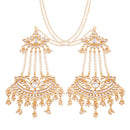 Etnico 18K Gold Plated Intricately Designed Traditional Earrings with Hair Chain Encased With Kundans & Pearls (E2464W)