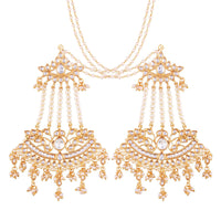 Etnico 18K Gold Plated Intricately Designed Traditional Earrings with Hair Chain Encased With Kundans & Pearls (E2464W)