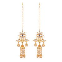 Etnico 18K Gold Plated Intricately Designed Traditional Earrings with Hair Chain Encased With Kundans & Pearls (E2467W)