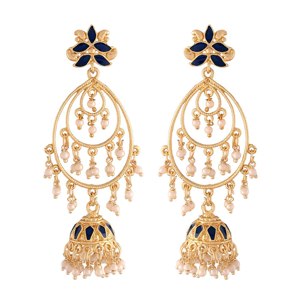 Etnico 18k Gold Plated Traditional Handcrafted Blue Meenakari Pearl Studded Dangler Jhumki Earrings for Women (E2471Bl)