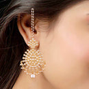 Etnico Traditional Gold Plated Big Earrings Encased With Faux Kundans & Attached With Hair Chain for Women/Girls (E2497W)