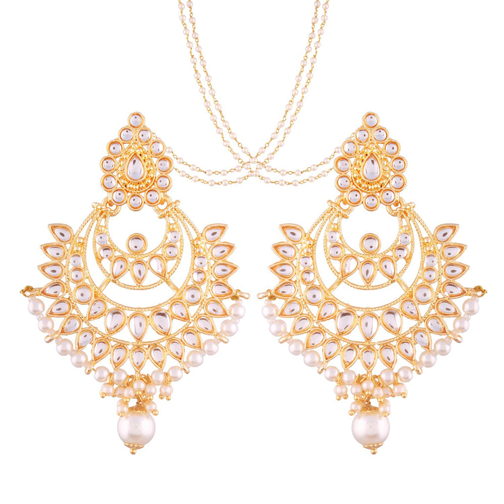 Etnico Traditional Gold Plated Big Earrings Encased With Faux Kundans & Attached With Hair Chain for Women/Girls (E2498W)