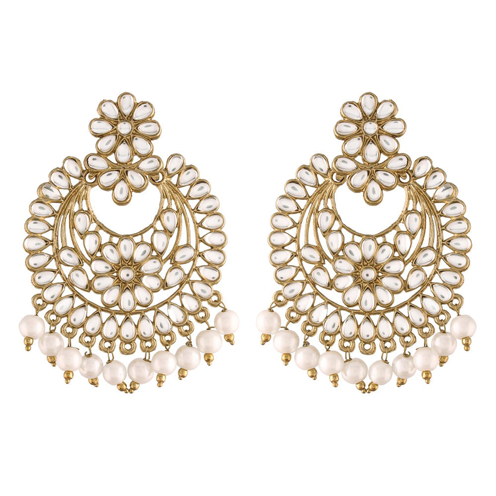 Etnico 18K Gold Plated Traditional Handcrafted Chandbali Earrings Set Encased With Faux Kundan & Pearl For Women/Girls (E2800W)