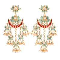 Etnico 18k Gold Plated Pearl Meenakari Lotus Design Dangler Earrings for Women (E2853SB)
