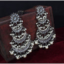 Etnico 18k Silver Oxidised 3 Layered Chandbali Earrings with Kundan and Pearl Work for Women (E2859OX)