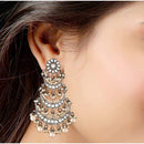 Etnico 18k Silver Oxidised 3 Layered Chandbali Earrings with Kundan and Pearl Work for Women (E2859OX)