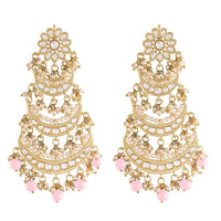 Etnico 18k Gold Plated 3 Layered Beaded Chandbali Earrings with Kundan and Pearl Work for Women (E2859-1) (Pink)