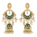 Etnico18K Gold Plated Intricately Designed Traditional Green Enamel Glided With Kundans & Pearls Jumki Earrings For Women (E2905G)