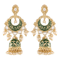 Etnico18K Gold Plated Intricately Designed Traditional Green Enamel Glided With Kundans & Pearls Jumki Earrings For Women (E2905G)