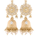Etnico18K Gold Plated Intricately Designed Traditional with Detachable Hair Chain Encased With Kundans & Pearls Jumka Earrings For Women (E2906W)
