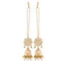 Etnico18K Gold Plated Intricately Designed Traditional with Detachable Hair Chain Encased With Kundans & Pearls Jumka Earrings For Women (E2906W)