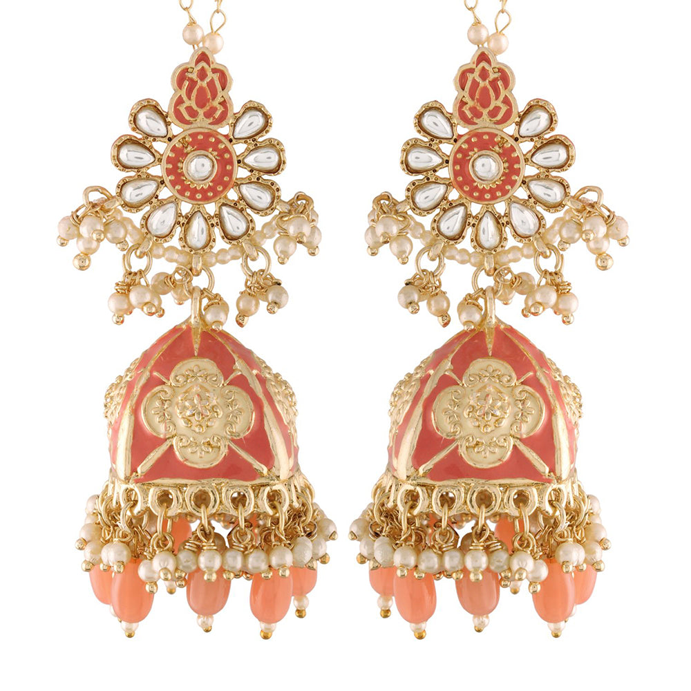 Etnico18K Gold Plated Intricately Designed Traditional with Detachable Hair Chain Encased With Kundans & Pearls Jumka Earrings For Women (E2907Pi)