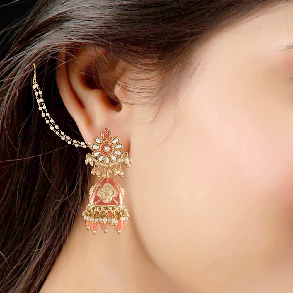 Etnico18K Gold Plated Intricately Designed Traditional with Detachable Hair Chain Encased With Kundans & Pearls Jumka Earrings For Women (E2907Pi)